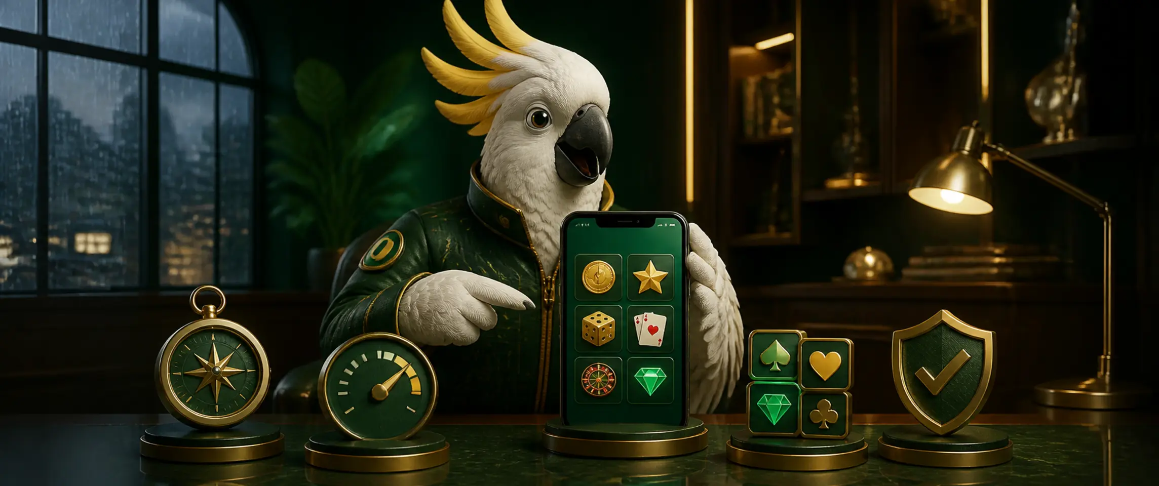 Bizzo Casino app functions and benefits presented by a cockatoo