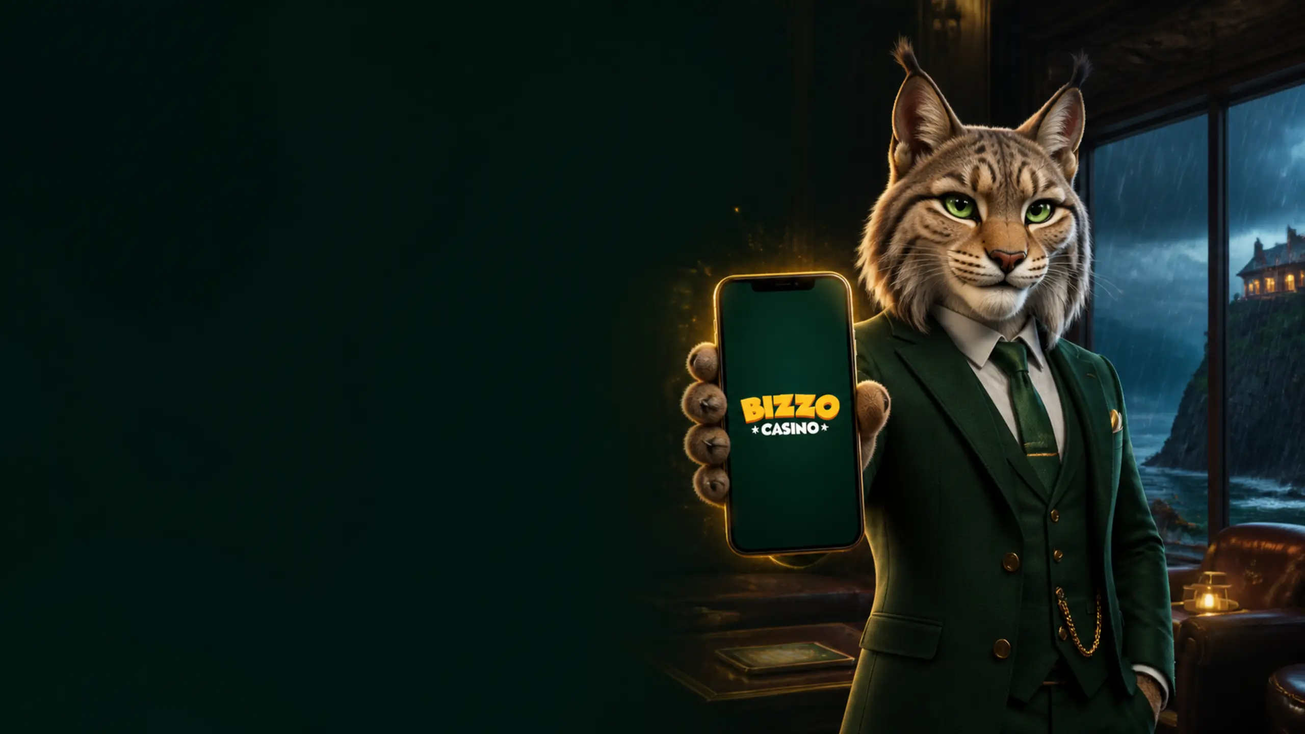 Bizzo Casino Ireland mobile app presented by a lynx with a branded smartphone