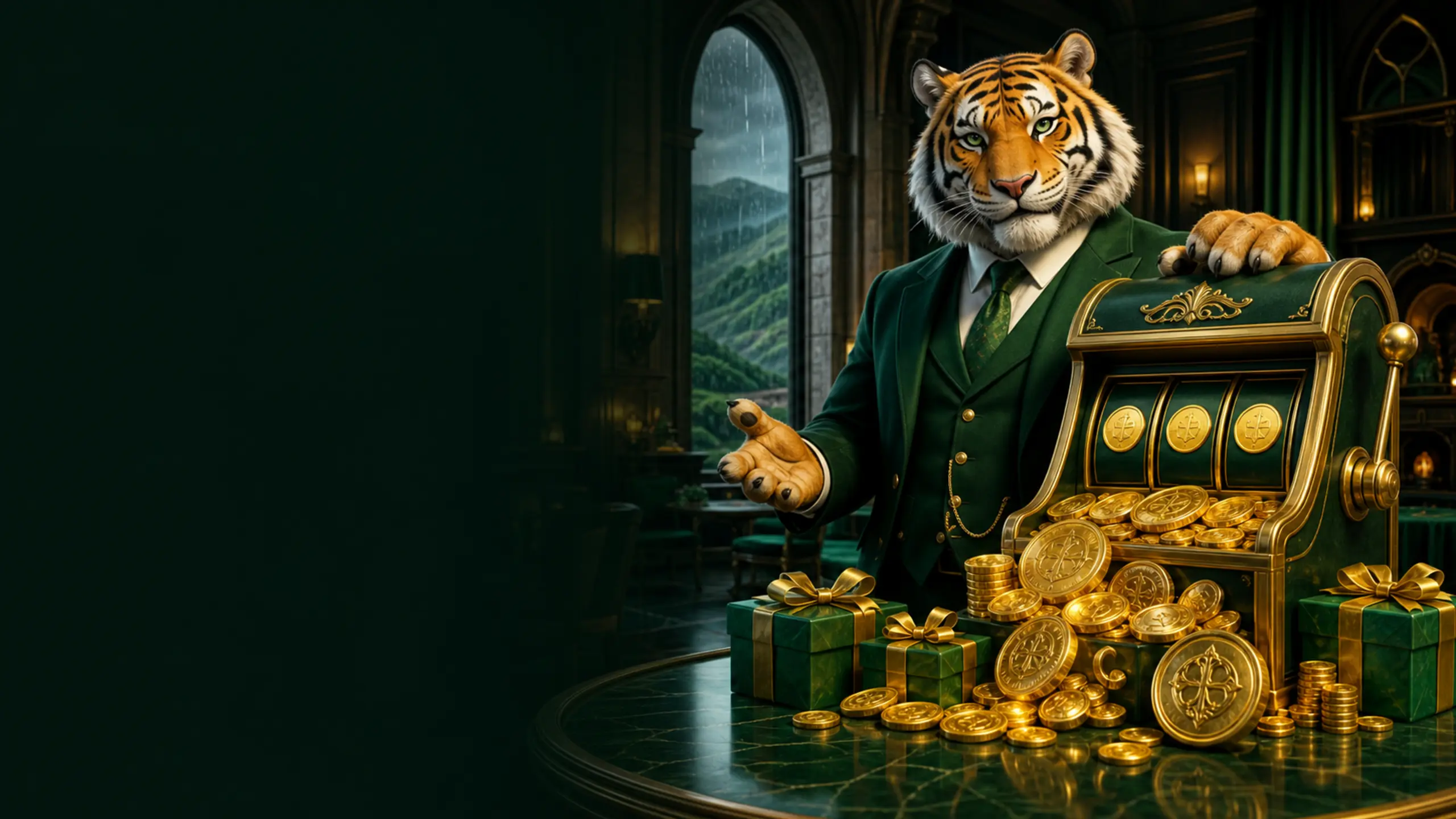 Bizzo Casino Ireland bonuses presented by a tiger in an Irish manor casino