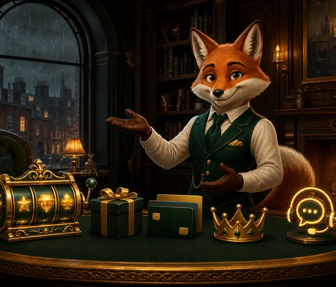 Bizzo Casino features presented by a red fox in a Dublin-inspired casino salon