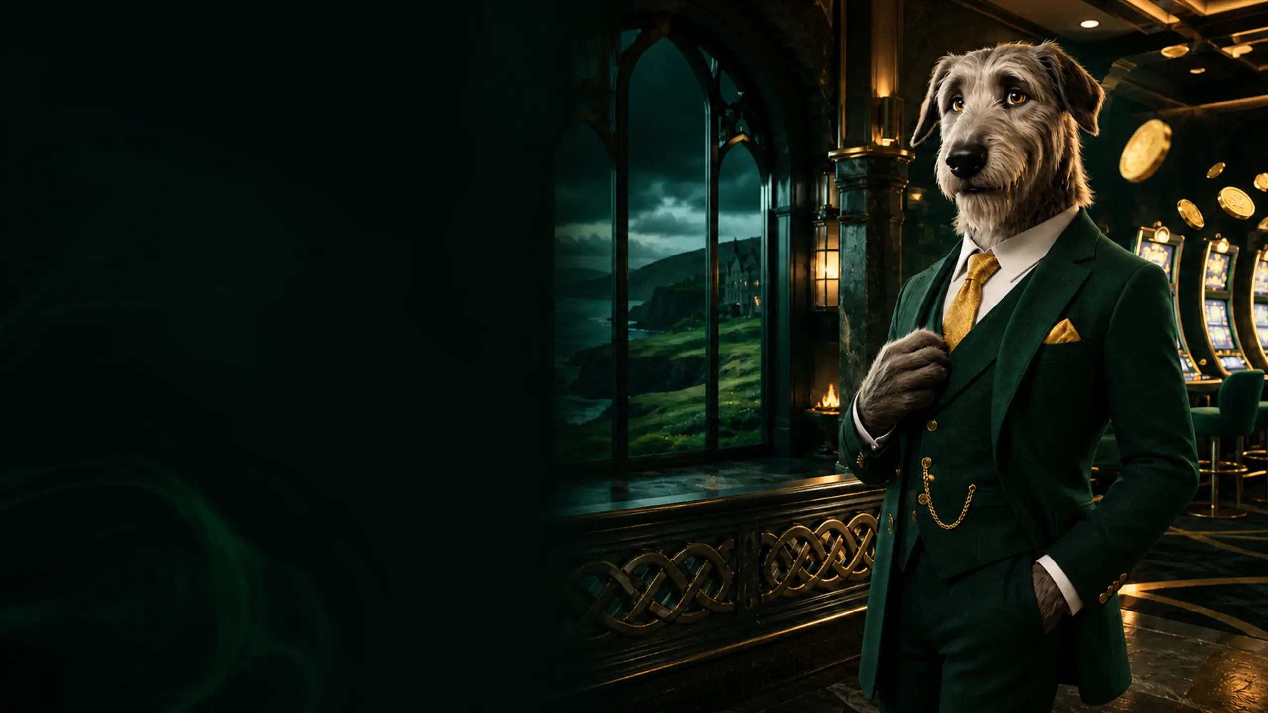 Bizzo Casino Ireland – Irish wolfhound mascot in a premium casino overlooking the Atlantic coast