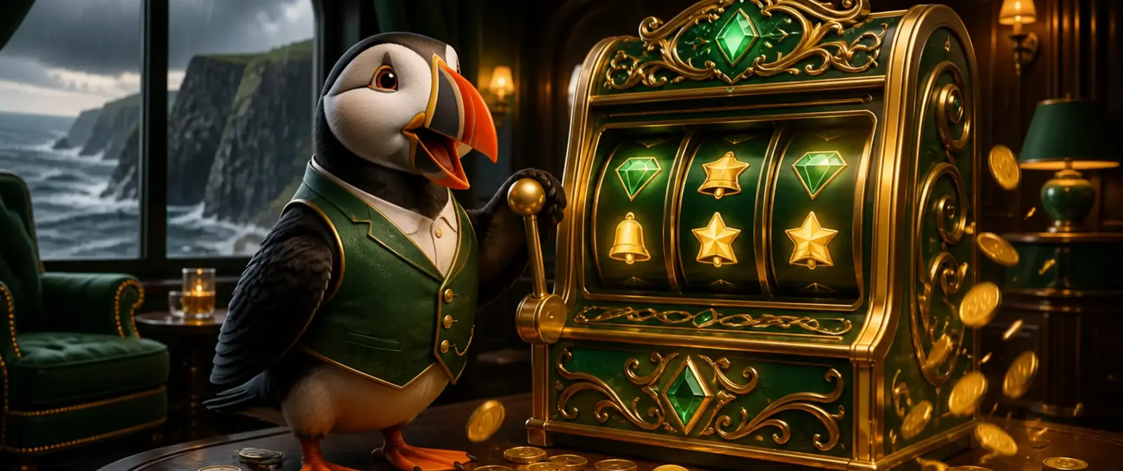 Bizzo Casino online slots played by an Atlantic puffin