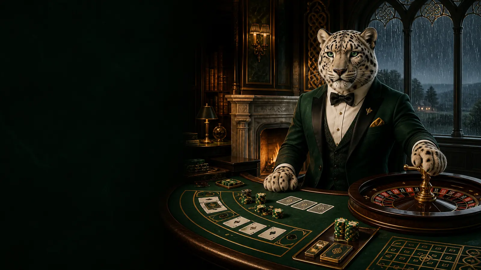 Poker, baccarat, blackjack and roulette hosted by a snow leopard in an Irish estate