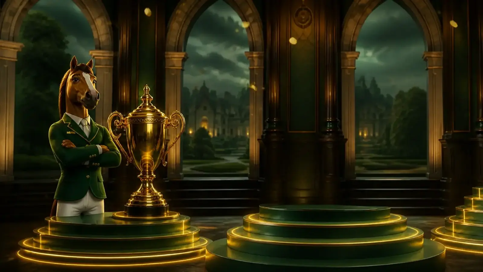Bizzo Casino slot tournaments with an Irish sport horse and golden trophy
